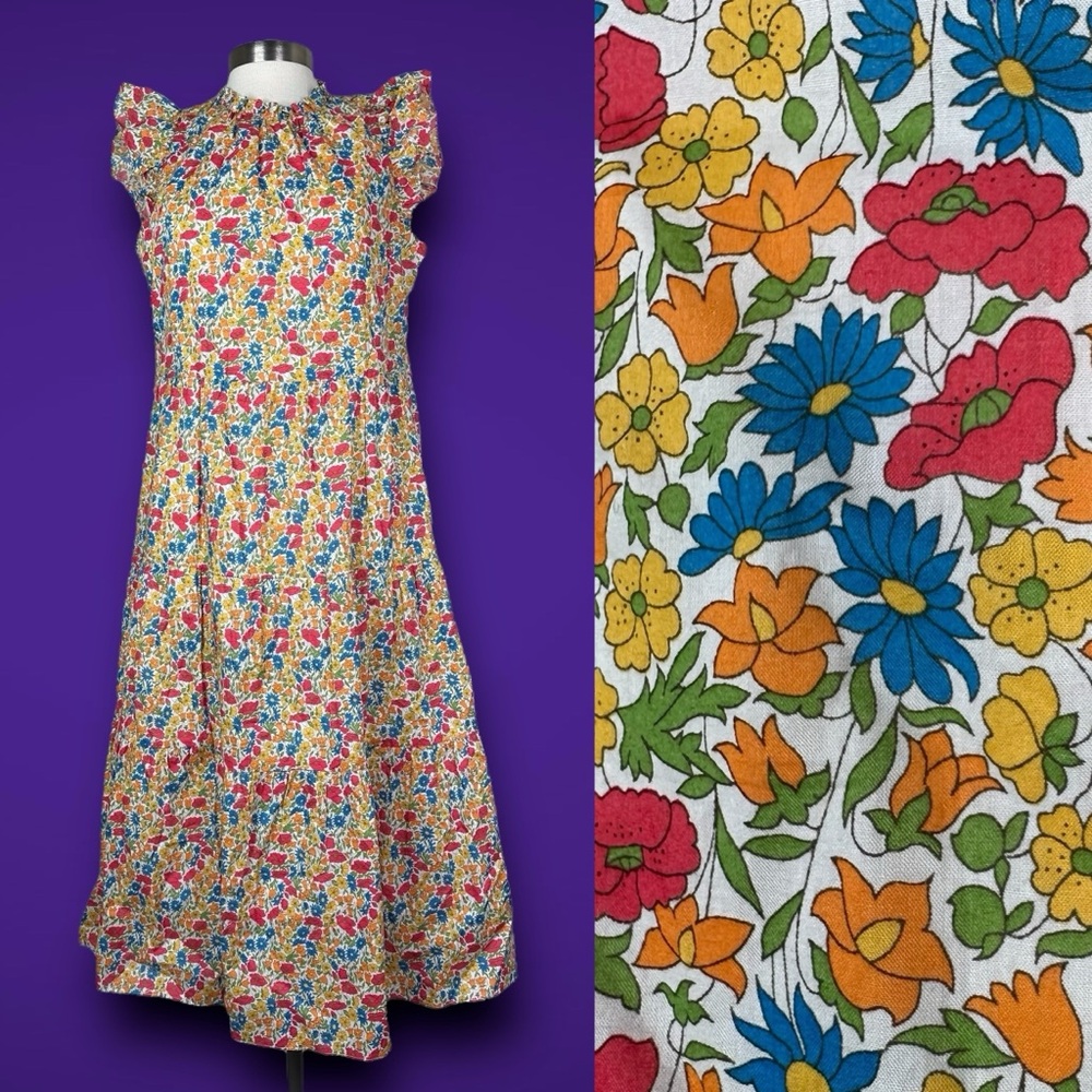 J Crew Dress Liberty London M-L Tiered Floral Print Midi dress ruffle sleeve